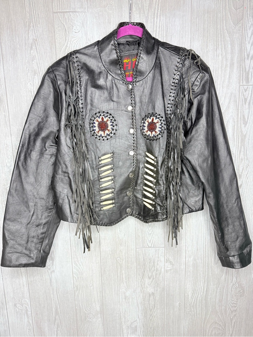 Vintage hot leathers beaded long sleeve leather motorcycle jacket xxl fringe